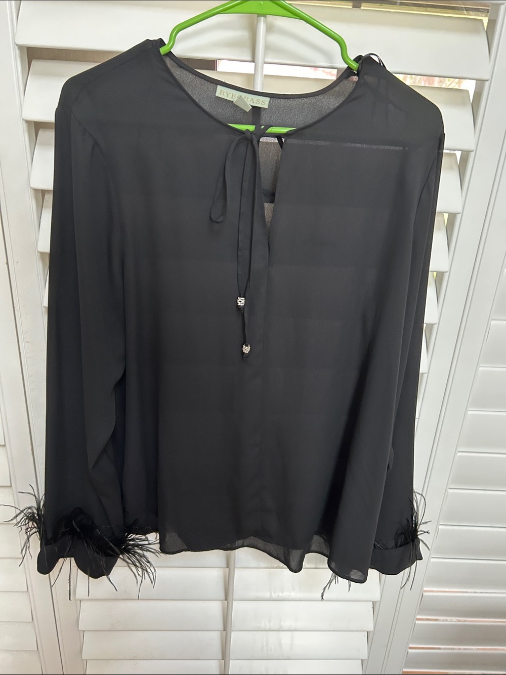 Rylee + Cru Black Sheer Tie-Neck Blouse with Feather Trim Cuffs